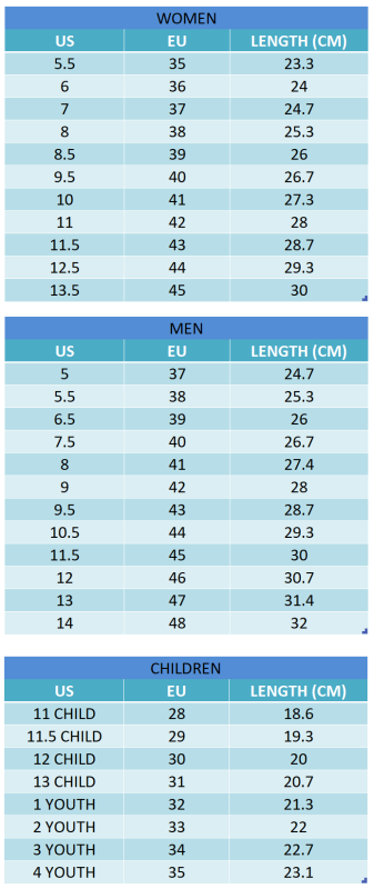 Yeezy Shoes Size Chart